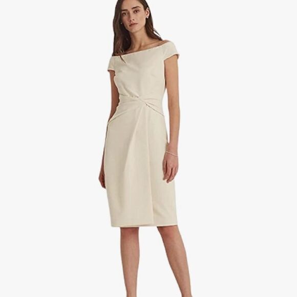 Lauren Ralph Lauren Crepe Off-The-Shoulder Dress Mascarpone Cream Size 10 NWT - Picture 1 of 11